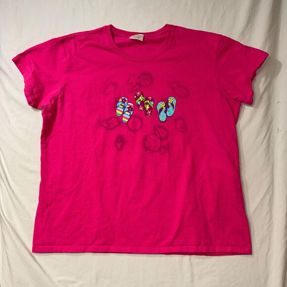 Top Stitch Tops - Flip Flop Sea Shells Shirt Pink Womens Large Graphic Tee Casual Beach Summer Top